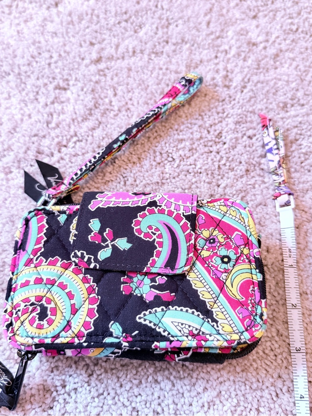 Vera Bradley Quilted Wristlet in Black with Pink, Aqua & Yellow Paisley
